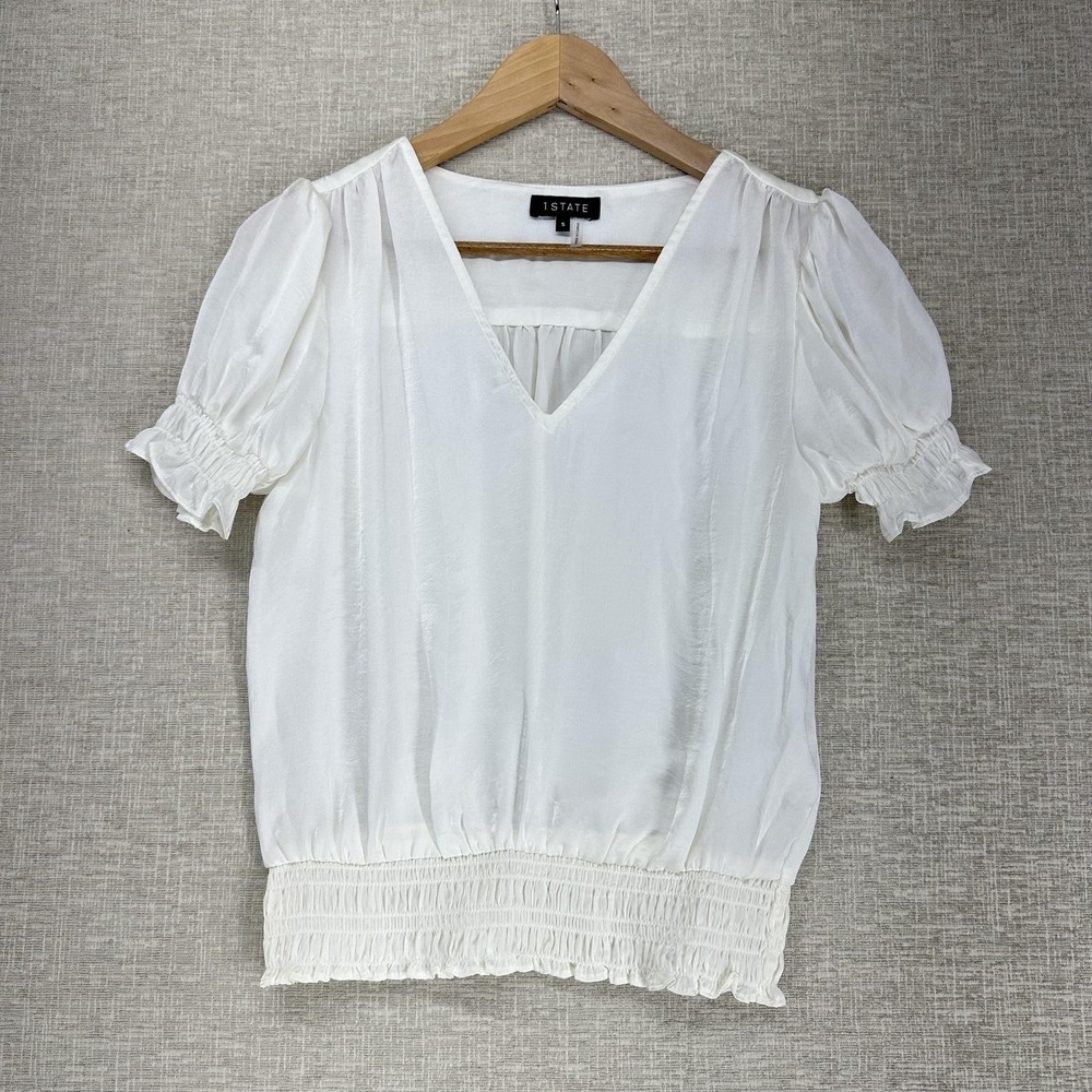 1.STATE Blouse Womens Small Off White Puff Sleeve Smocked Hem V Neck Top Ruffle